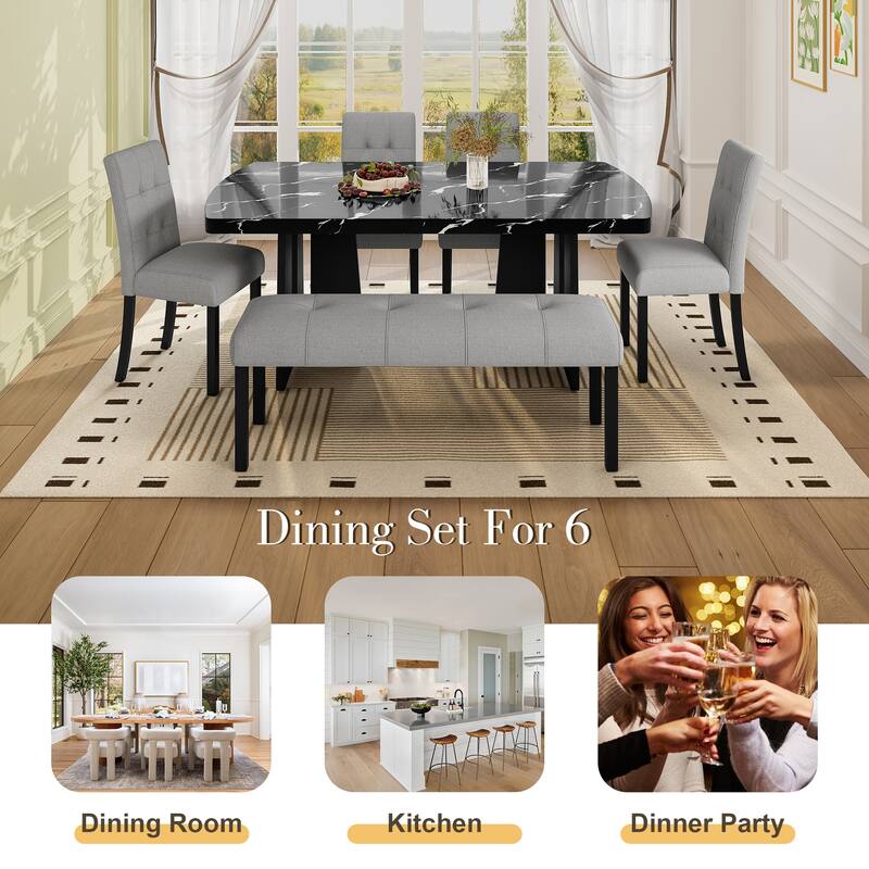Roomfitters 6 Piece Modern Dining Table Set, 63 Inch Faux Marble Table with Bench and Upholstered Chairs