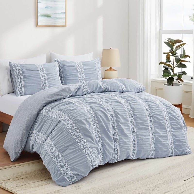 3-Piece Soft Lightweight Geometric Duvet Cover Set, Textured Bedding Set with Pillowcases for All Season
