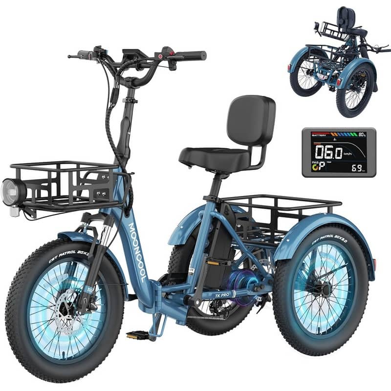 Folding Electric Tricycle for Adults, w/ Basket and Removable Battery - Jewel Blue