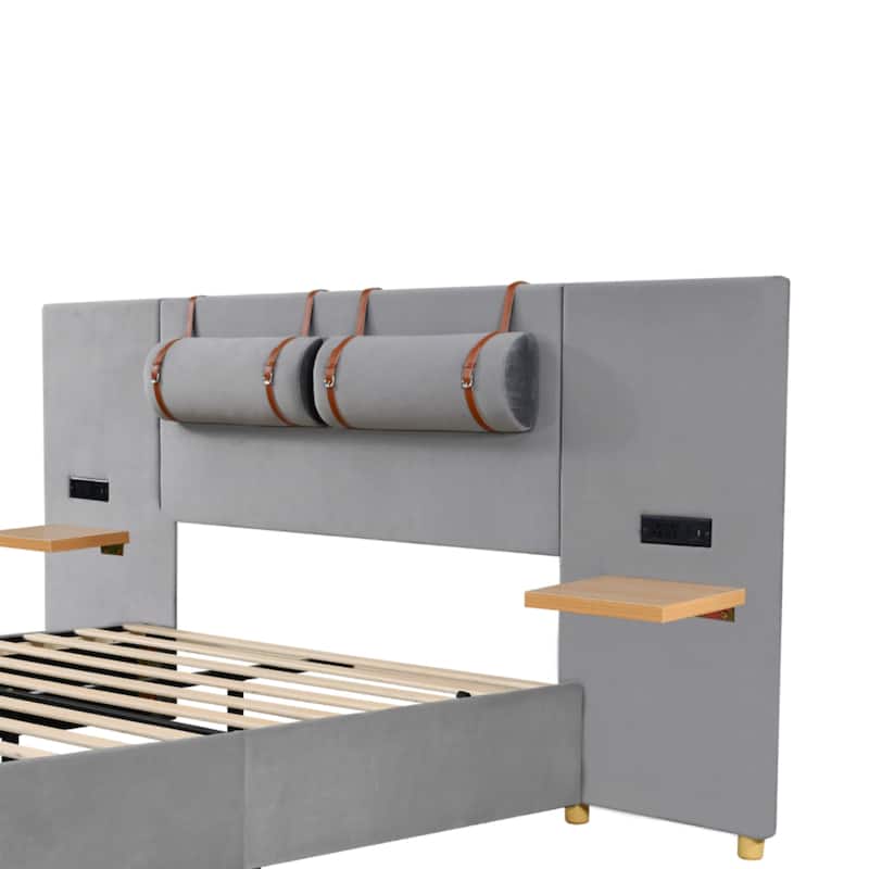 Full/ Queen Size Upholstered Platform Bed Frame with 2 USB Ports, Head Pillows and Side Storage Shelves