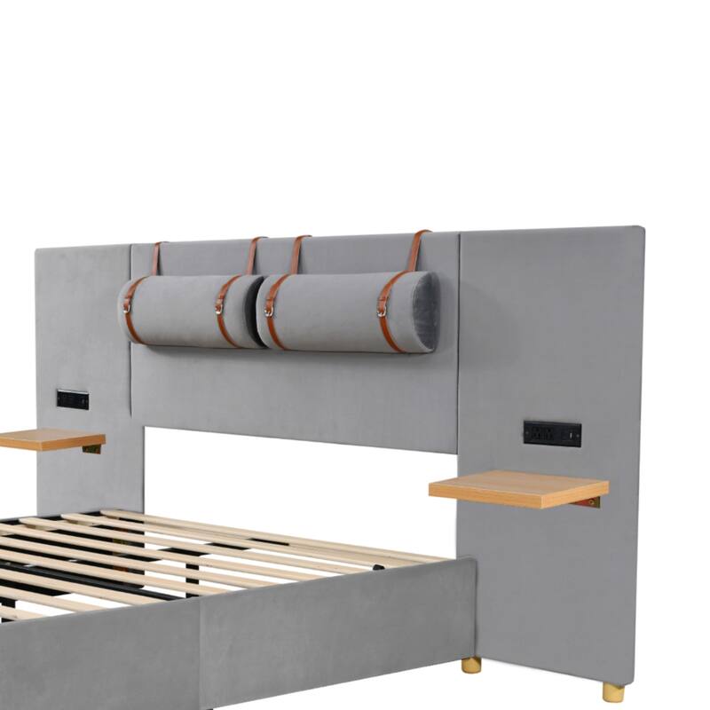 Upholstered Platform Bed with Two Bedside Pillows, Two Outlets and USB Charging Ports