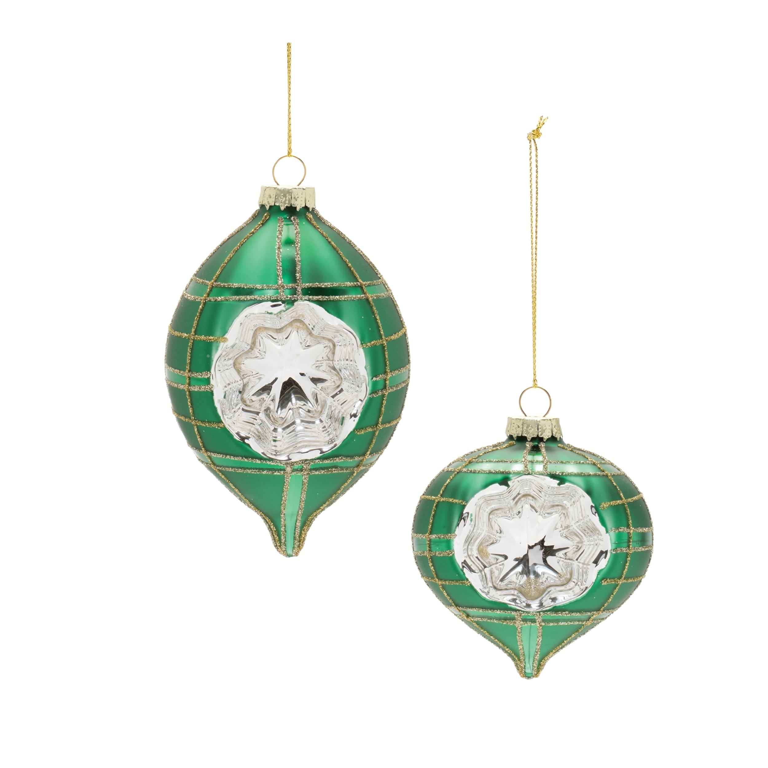 Vintage-Inspired Green Reflector Glass Ornaments - Set of 12