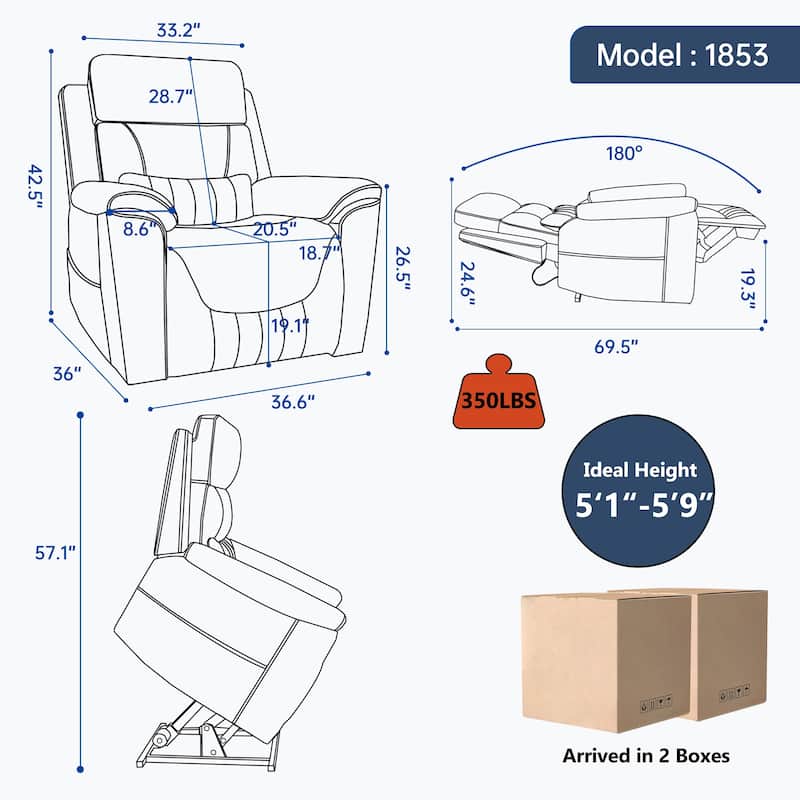 Roomfitters Dual Motor Power Lift Recliner 180 Flat Infinite Position Heat Massage Heavy Duty Leatherair Sofa
