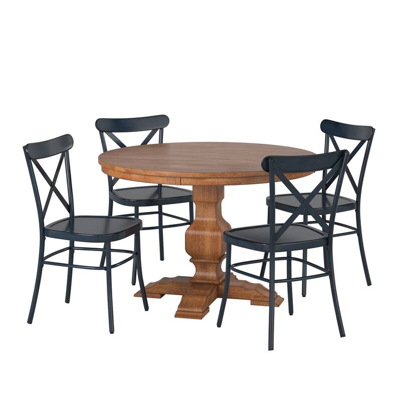 Eleanor 5-Piece Dining Set with Metal X-Cross Back Chairs by iNSPIRE Q Classic - Oak Table - Antique Denim Blue Chairs