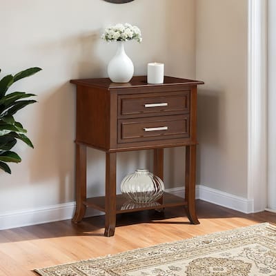 2 Drawer End Table with Shelf Transitional Storage Nightstand Solid Wood Legs Flared Base Beveled Edge Accent Table - 22