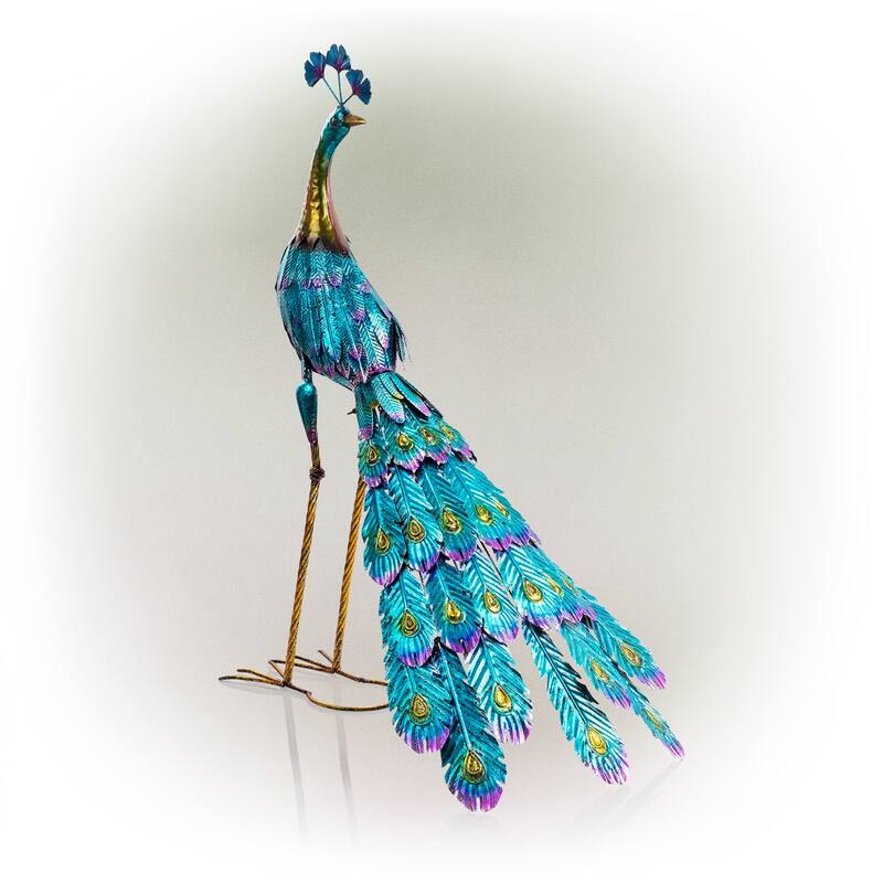 Alpine Corporation 23" Tall Outdoor Metallic Peacock Tail Spread Yard Statue Decoration, Multicolor