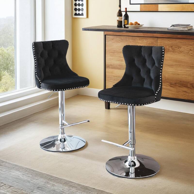 Swivel Velvet Barstools Adjusatble Seat Modern Upholstered Chrome base Bar Stools for Home Pub and Kitchen Island（Set of 2）