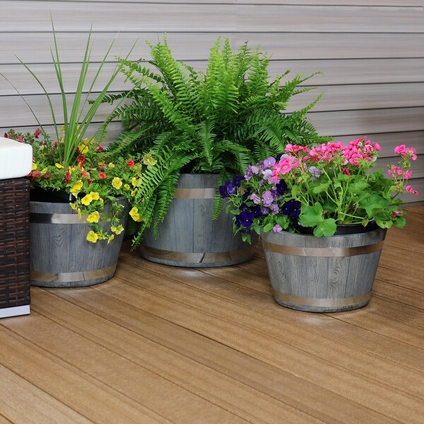 Sunnydaze 3-Piece Fiber Clay Barrel Indoor/Outdoor Planter Flower Pot - Gray - 3-Piece Set