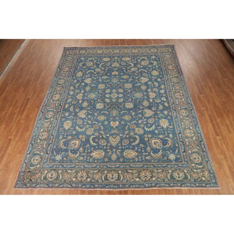 Distressed Blue Floral Tabriz Persian Area Rug Handmade Wool Carpet - 9'1"x 12'4"