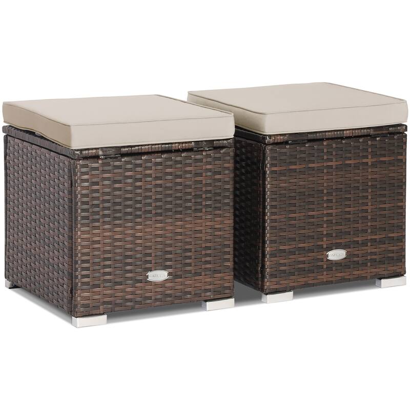 Costway 2PCS Patio Rattan Ottomans Seat Side Table Storage Box - See Details