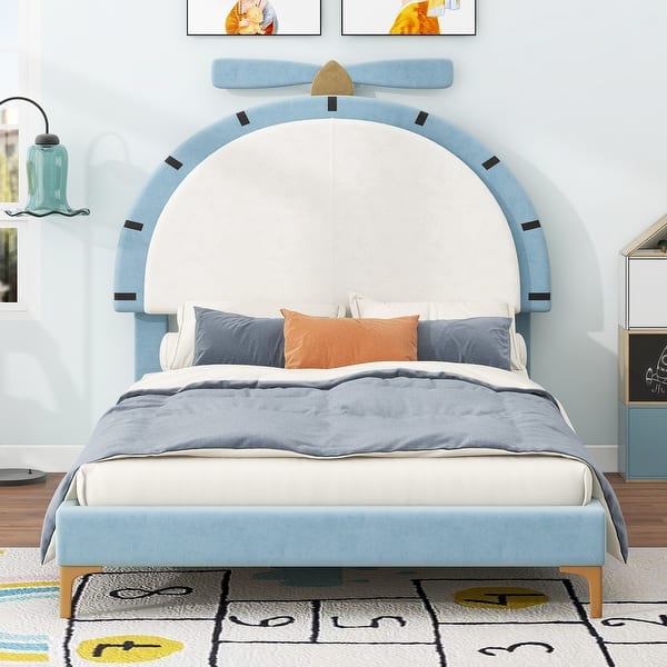 slide 2 of 14, Upholstered Platform Bed with Alarm Clock Shaped Headboard