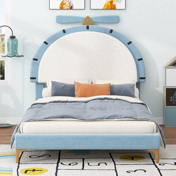 slide 2 of 13, Velvet Upholstered Platform Bed with Alarm Clock Shaped Headboard Blue - Twin