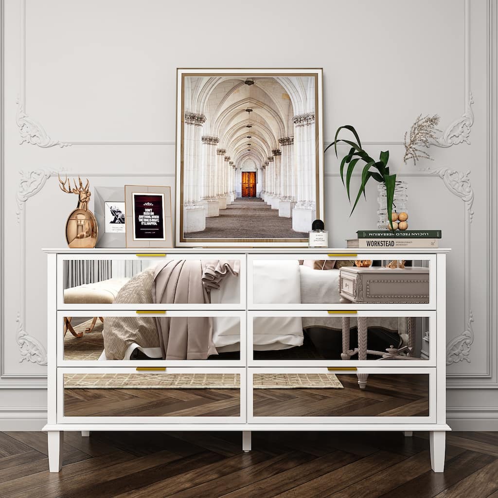 Modern 6 Drawer Mirrored Dresser, Glass Dresser & Chest of Drawers