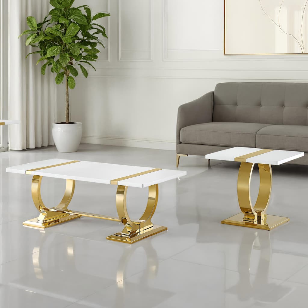 Furniture of America Carra Modern 2-Piece Stainless Steel O-Shaped Trestle Base Coffee Table Set