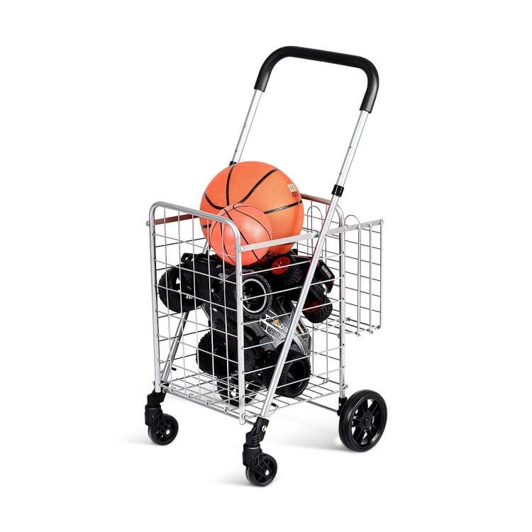 Lightweight Folding Shopping Cart with Double Basket and Adjustable Handle on Wheels - 17" x 19" x 35"/37.5" (L x W x H) - Silver