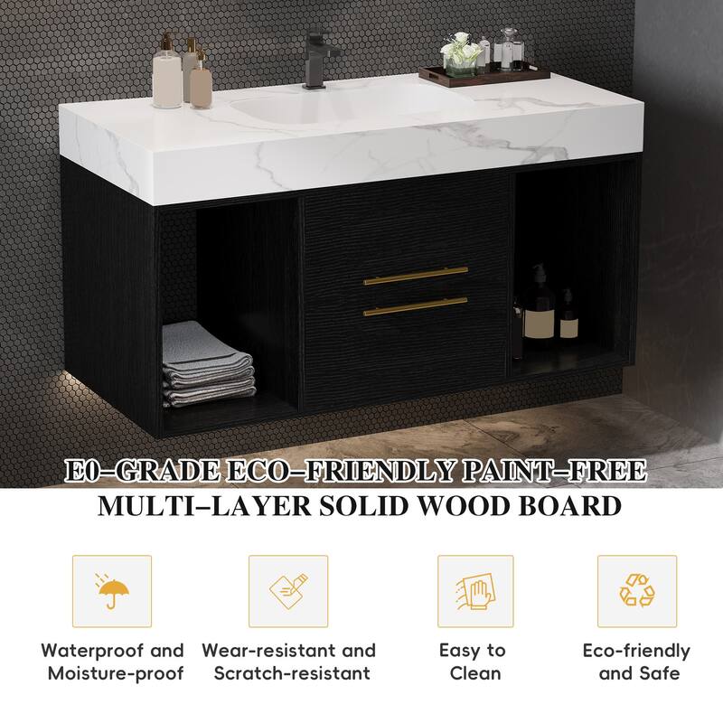 39.4" Ceramic Sink Bathroom Vanity, Floating Bathroom Vanity - White/Black