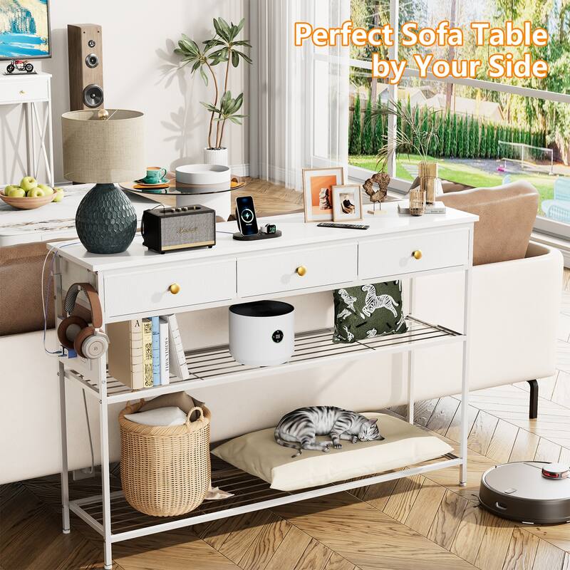 Modern White Entryway Table: 3 Drawers, 3 - Tier Storage Shelves, Gold Knobs & Charging Station
