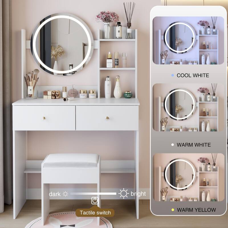 Round LED Mirror Vanity Table, Dressing Set with Cushioned Stool, Makeup Cabinet with Touch Mirror & Multi-layer Storage