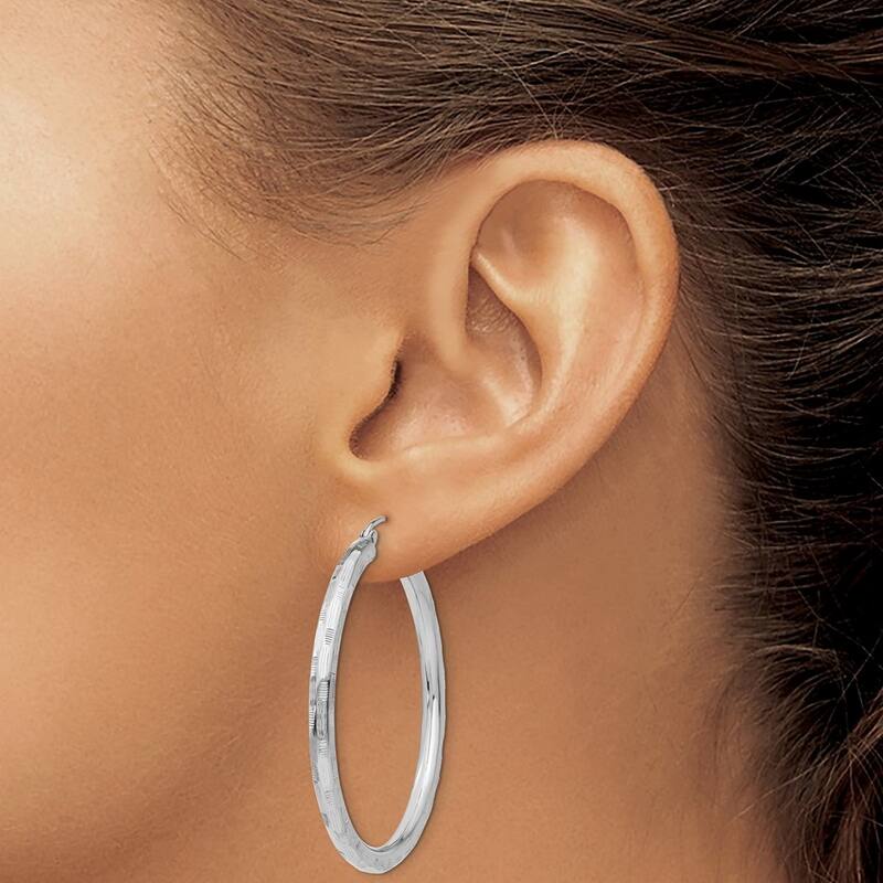 Curata 14k White Gold Textured Checkerboard 40x3mm Hoop Earrings