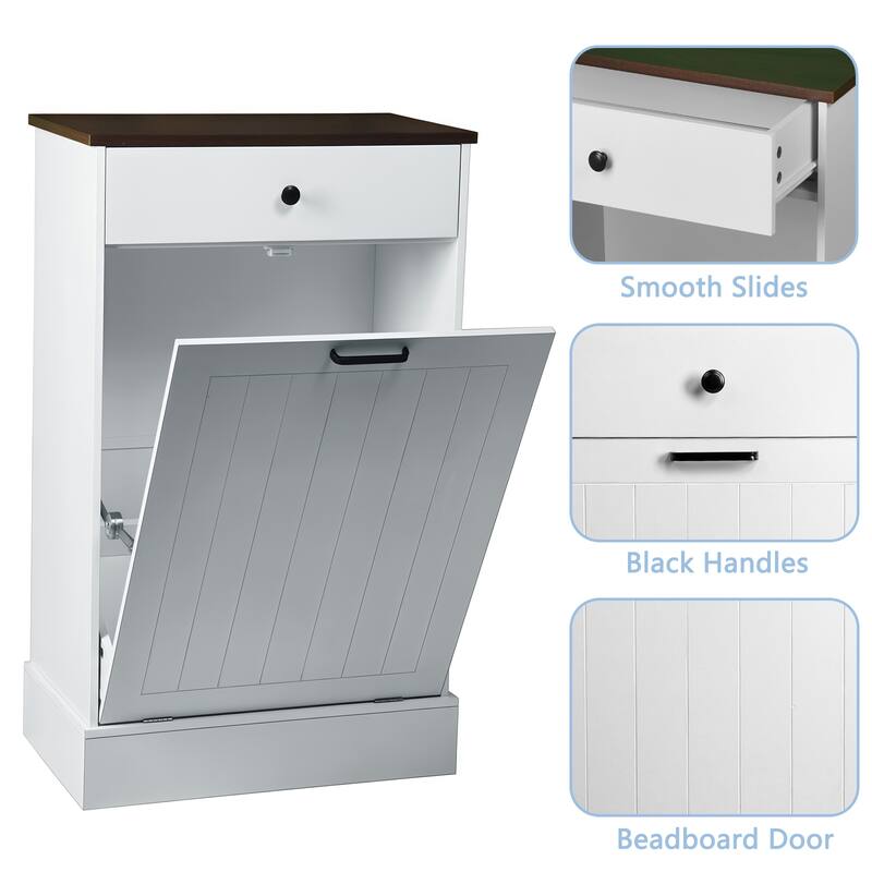 Tilt Out Trash Can Cabinet, Hidden Wooden Trash Can Cabinet with Drawer, Free Standing Garbage Cabinet, 10 Gallon Hamper Cabinet