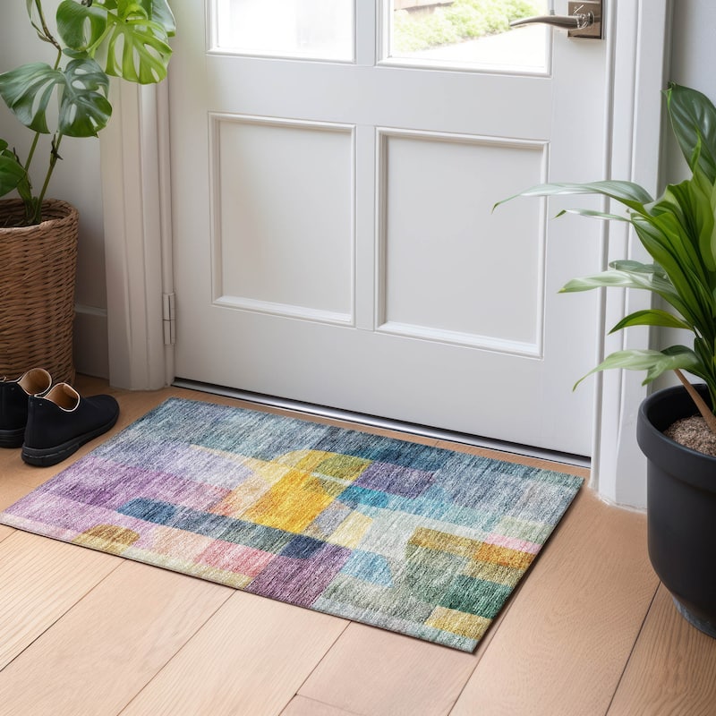 Machine Washable Indoor/ Outdoor Contemporary Abstract Chantille Rug - Blue - 1'8" x 2'6"