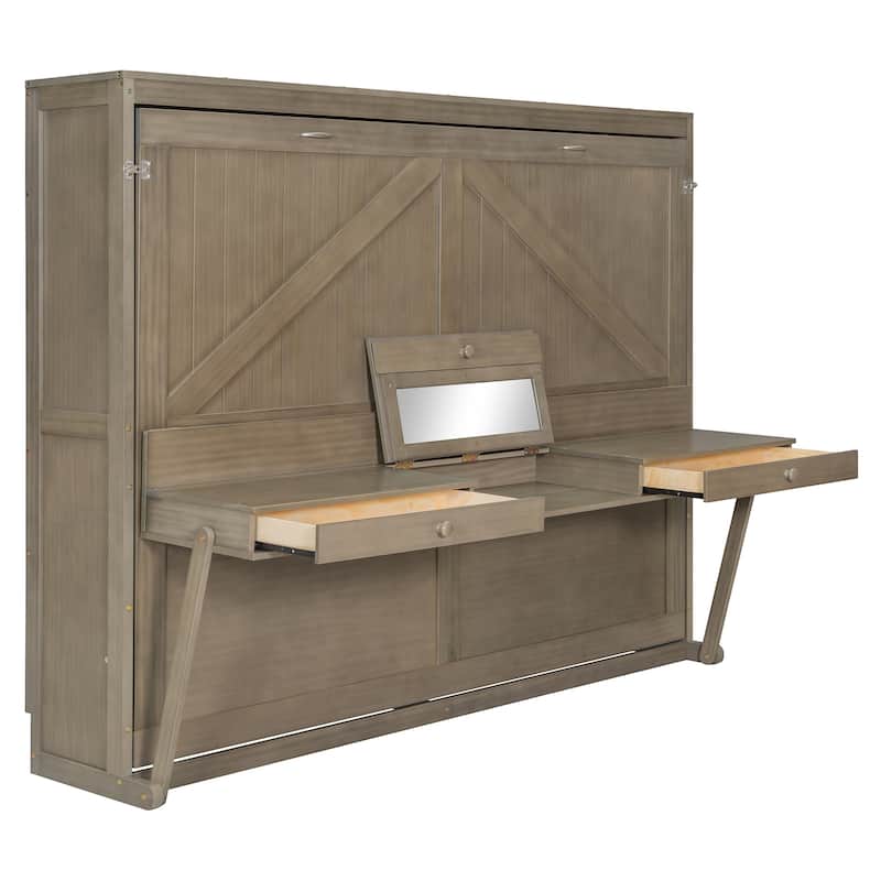 Queen Murphy Bed with Storage & Vanity Desk, Wall Mounted Folding Cabinet Bed with Mirror and Drawers for Small Space