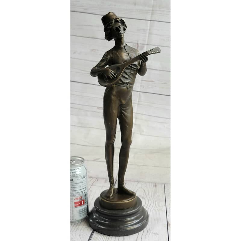 Mandolin Banjo Player Guitar Musician Bronze Sculpture Statue Figure Marble Base 17 Inches X 4.5 Inches