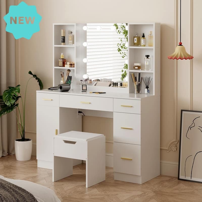 55.7" Dressing Table with LED Lights, Storage Shelves & Stool, Drawers - White