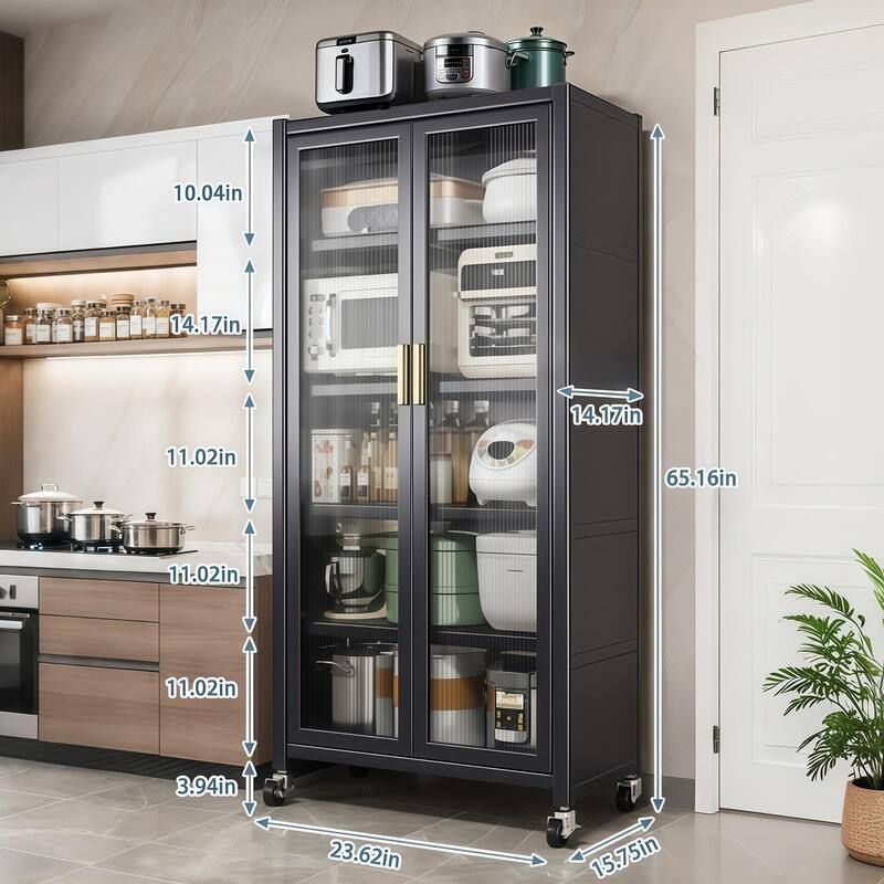 6-Tier Metal Pantry Cabinet with Transparent Doors and Wheels, Freestanding Kitchen Storage Organizer