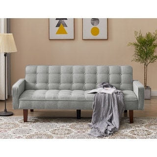 Linen Futon Sofa Bed with Adjustable Backrest and Solid Wood Legs - Bed ...