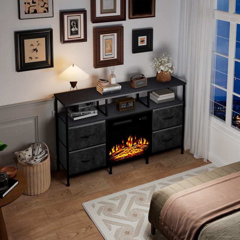 BOSSIN Fireplace TV Stand & Entertainment Center with LED Lights, 4 PU Leather Drawers, Open Shelves, and Built-in Power Outlets