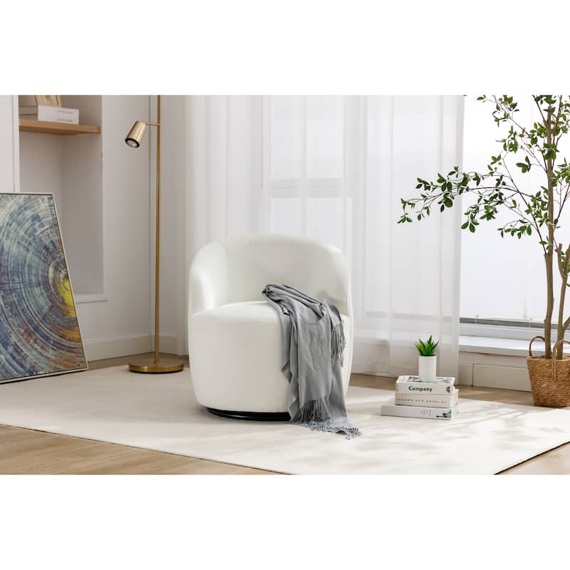 Ivory Chenille Modern 25.6" Upholstered Swivel Barrel Chair with Black Powder Coating and Metal Ring