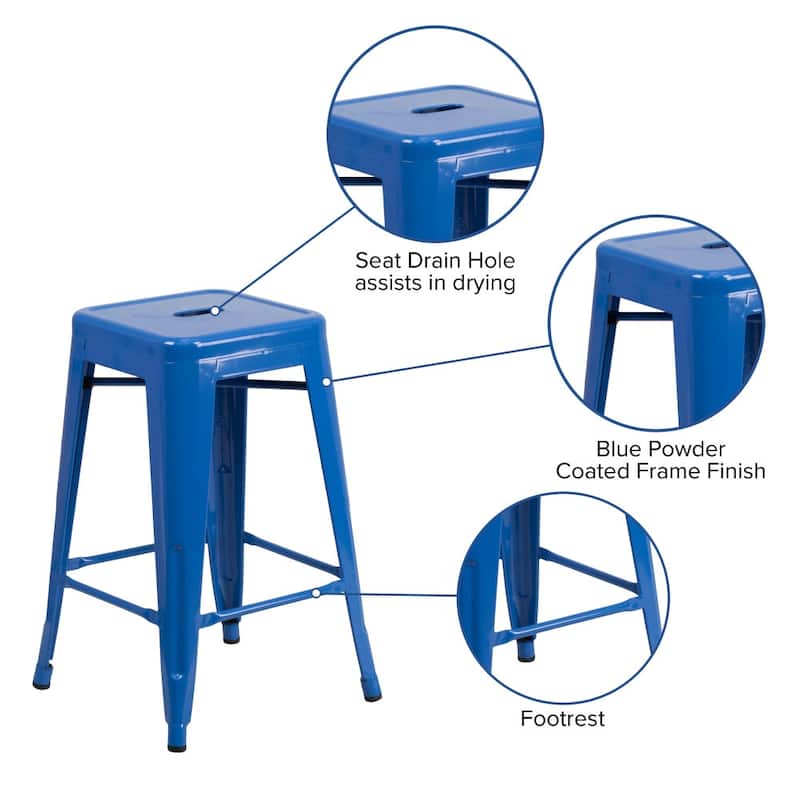 24" High Backless Metal Indoor-Outdoor Counter Height Stool w/Square Seat