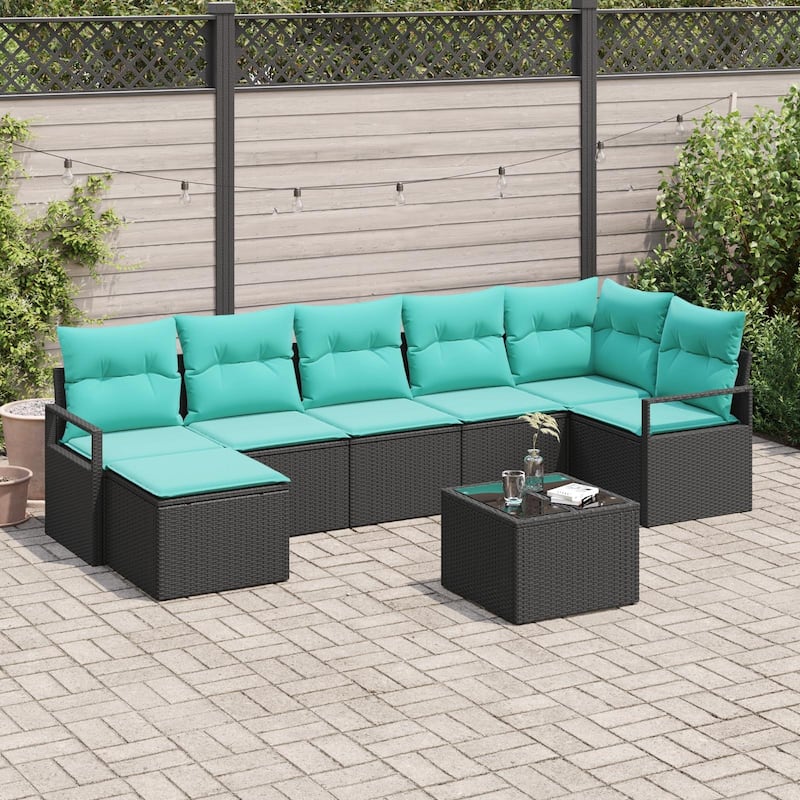 vidaXL 8 Garden Sofa Set with Cushions Black Poly Rattan - 113 x 48 x 27.2 - Black with table