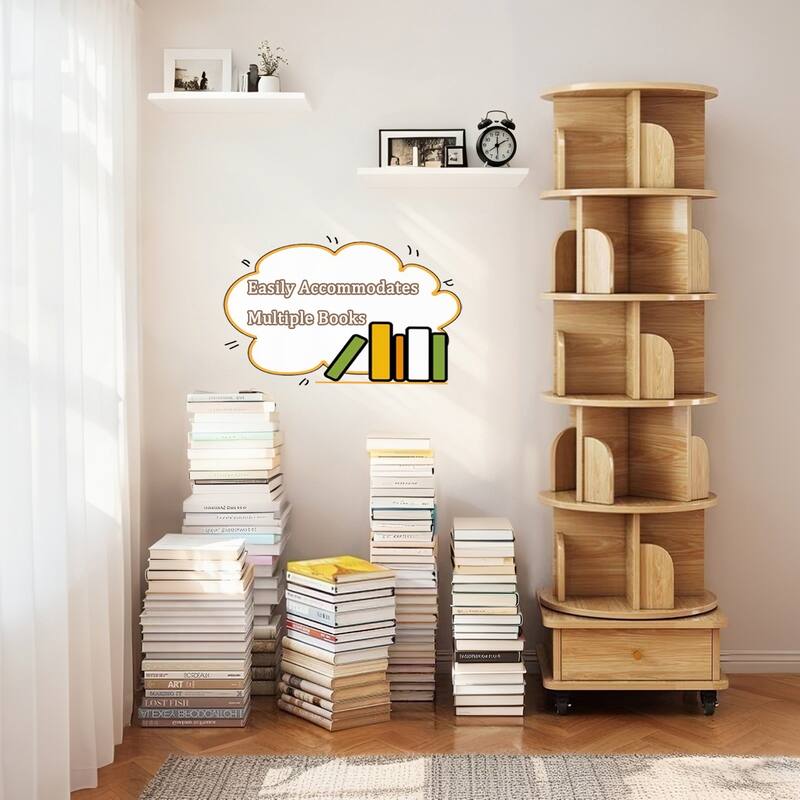 6 Tier Display Round Spinning Bookshelf with Wheels,Wood Color