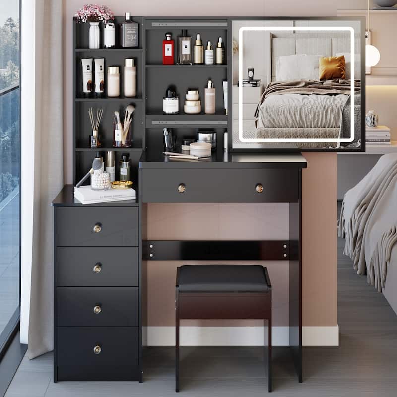 Versatile Bedside Cabinet with Advanced LED Mirror and Abundant Storage