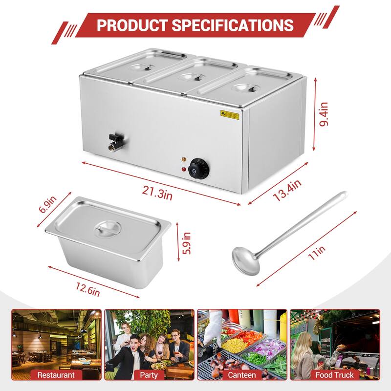 21QT Electric Commercial Food Warmer, Stainless Steel Bain Marie Steam Table Countertop Soup Station for Parties Buffet