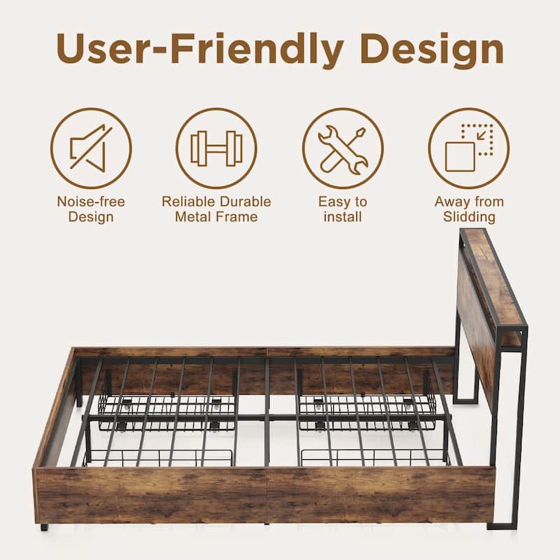 Full Size Metal Storage Bed with Storage Headboard, Charging Station, and LED Lights