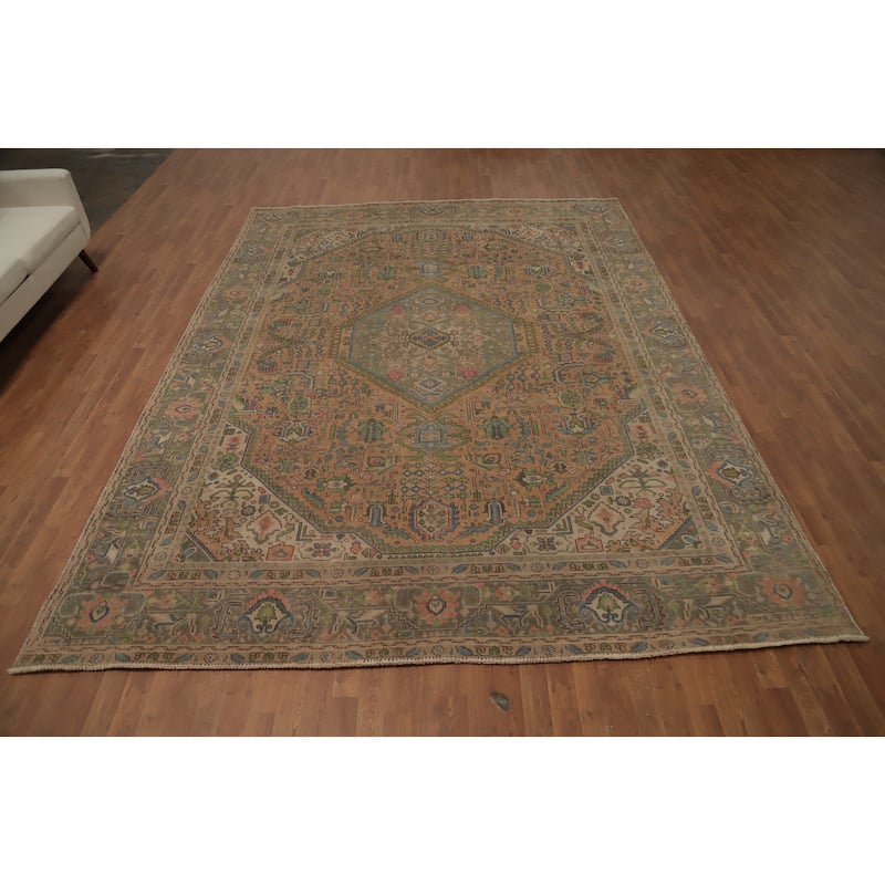 Hand Knotted Oriental 100% Wool Carpet Traditional Floral Oranges & Rust Tabriz Area Rug - 12' 6'' X 9' 1''