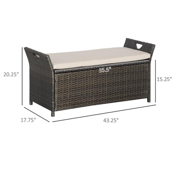 dimension image slide 0 of 2, Outsunny 27 Gallon Patio Wicker Storage Bench, Outdoor PE Rattan Patio Furniture, Two-In-One Large Capacity Footstool