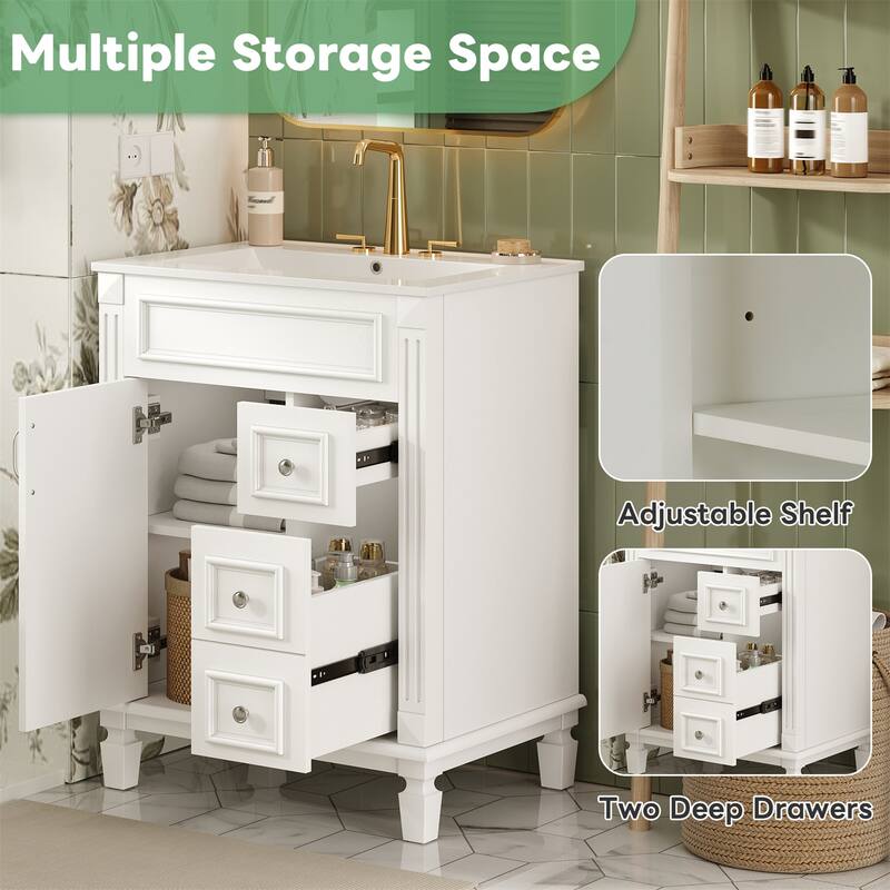 24" Bathroom Vanity with Ceramic Sink and 2 Drawers, Adjustable Shelf