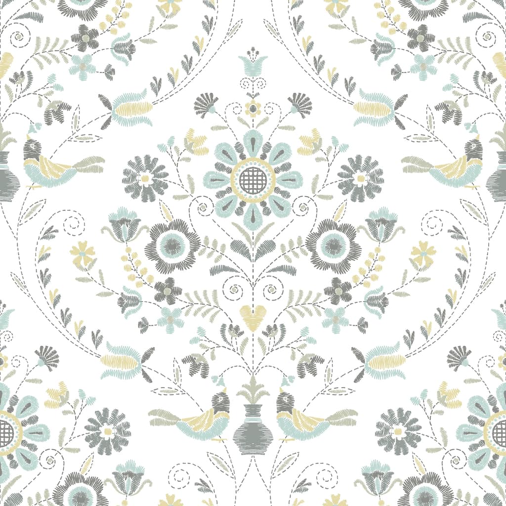 A-Street Prints Britt Sea Green Embroidered Damask Wallpaper
