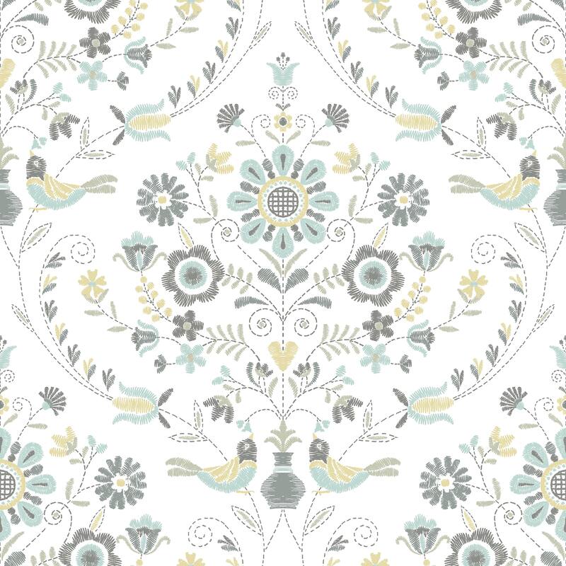 A-Street Prints Britt Sea Green Embroidered Damask Wallpaper