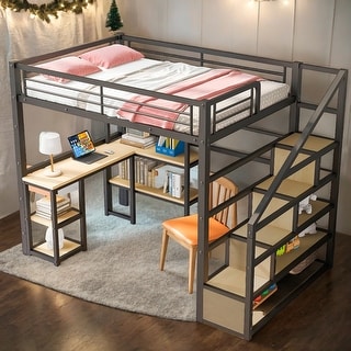 Full Size Metal Loft bed with Staircase, Built-in Desk and Shelves, Black