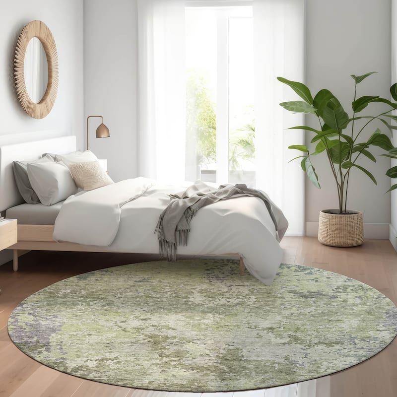 Machine Washable Indoor/ Outdoor Abstract Contemporary Chantille Rug - Green - 8' x 8'
