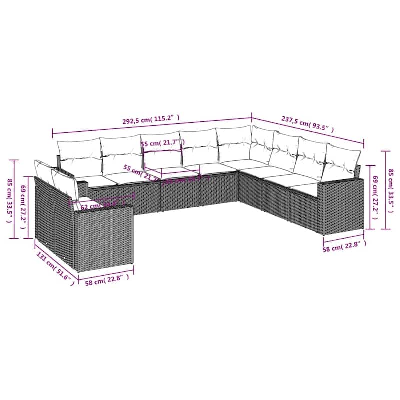 vidaXL Garden Sofa Set Grey PE Rattan, Powder-Coated Steel Large Modular - 24.4 x 25.8 x 27.2
