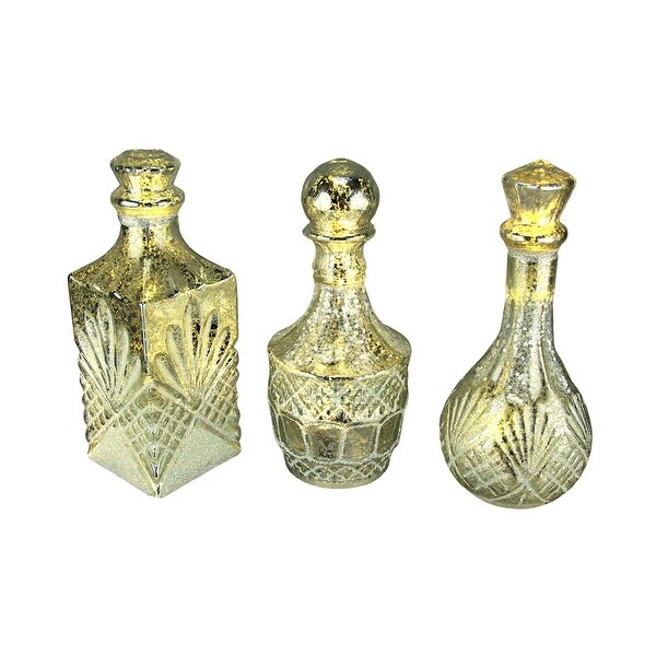 Set of 3 LED Lighted Silver Mercury Glass Decorative Bottles - 9 X 4.5 X 4.5 inches