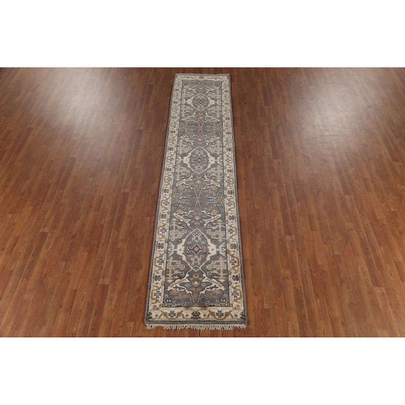 All-Over Gray Oushak Oriental Runner Rug Hand-Knotted Wool Carpet - 2'7"x 11'2"