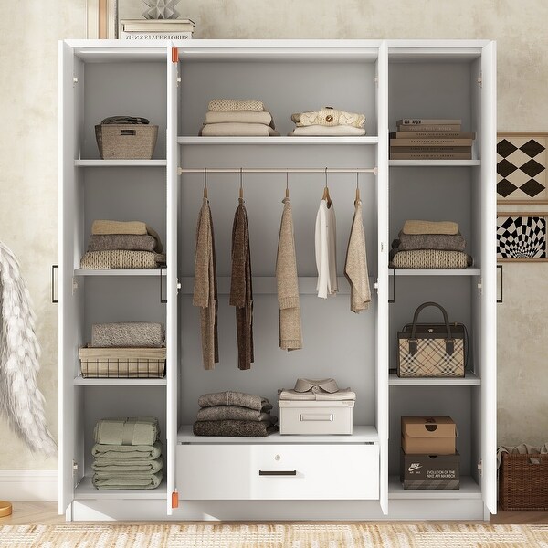 4 Door Mirror Wardrobe with Folding and Hanging Storage Area Dual Full Length Dressing Mirrors Door Armoires with Drawer White
