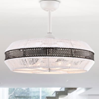Kauman 27 Inch Towtone Rattan Fandelier 6 Light with Remote
